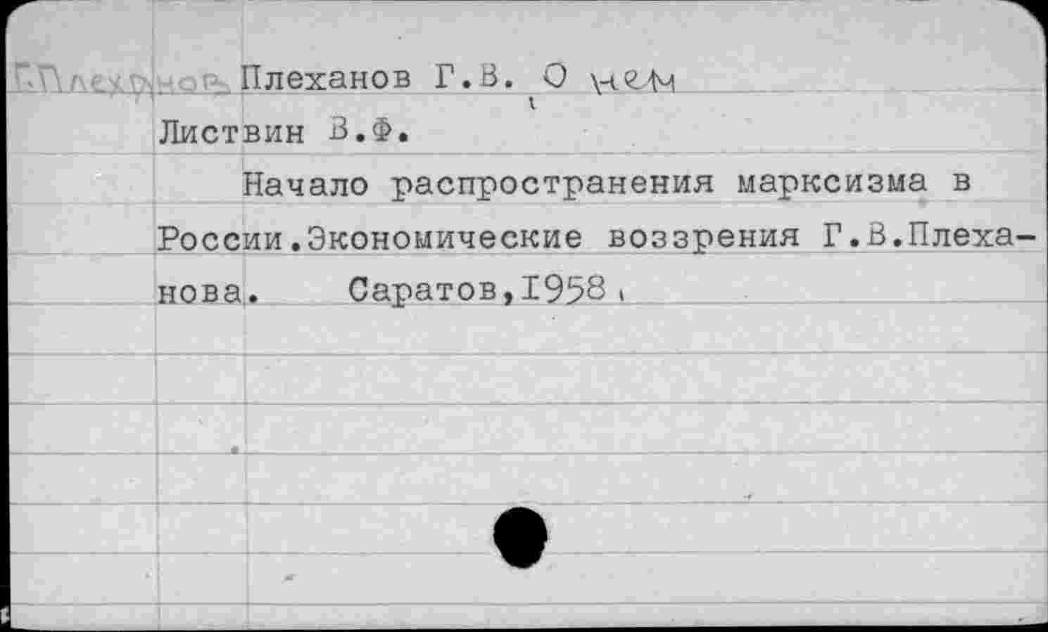 ﻿Плеханов Г.В. О \ч<2Лч Листвин В.Ф.
Начало распространения марксизма в
России.Экономические воззрения Г.В.Плеха нова. Саратов,1958>